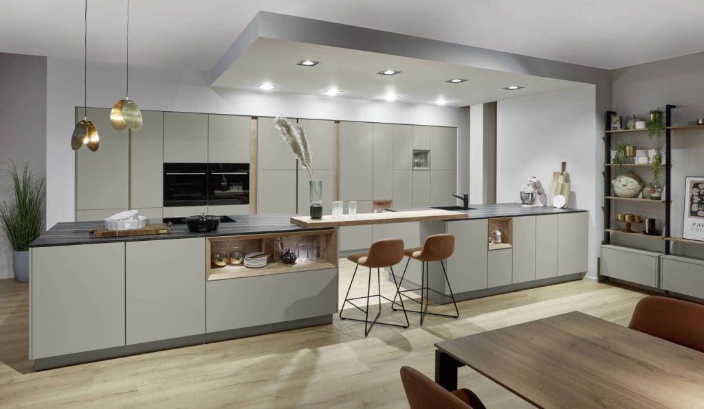 Nobilia Light Grey Open Plan Kitchen | Square Kitchens, Chesterfield